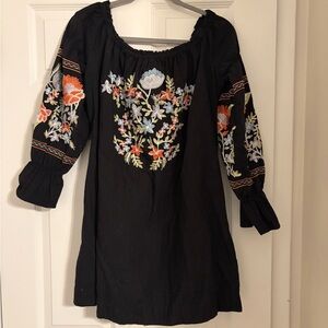 Free People Black Floral Embroidered Long Sleeve Dress